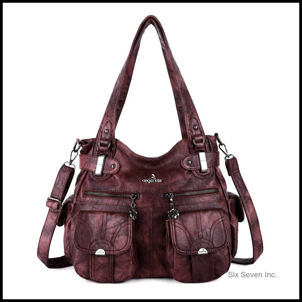 Large Double Zipper Tote Purse Multi Pocket Washed Leather Designer Handbag